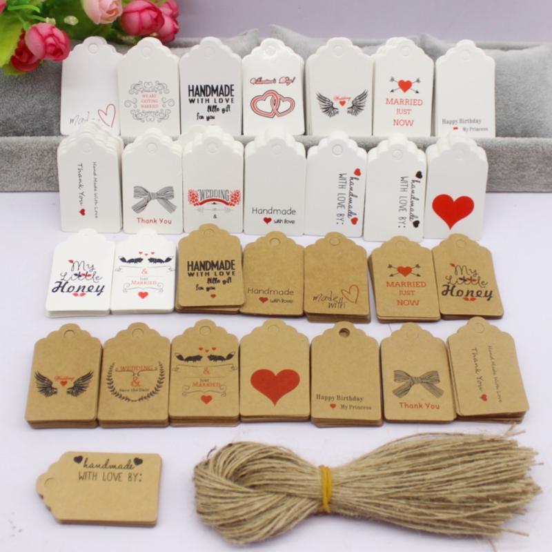 Kraft Hang Tag - 100pcs+100string 3x5cm white/kraft paper. Thank you